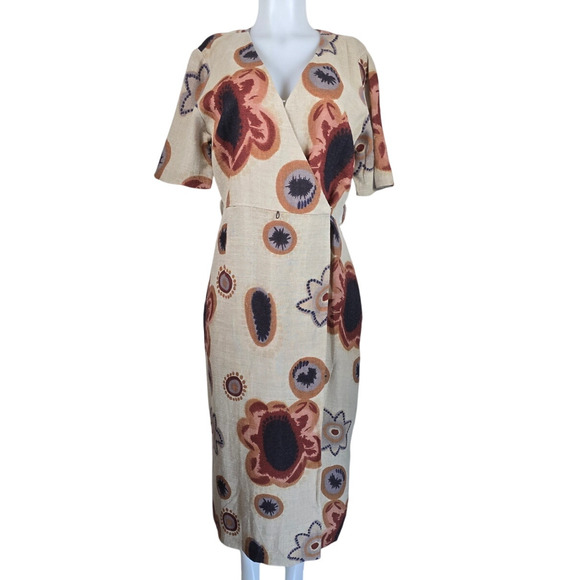 Carrie Hutton Shade of Brown Floral 100% Linen Wrap Dress Women's 14 NWT - Picture 1 of 3
